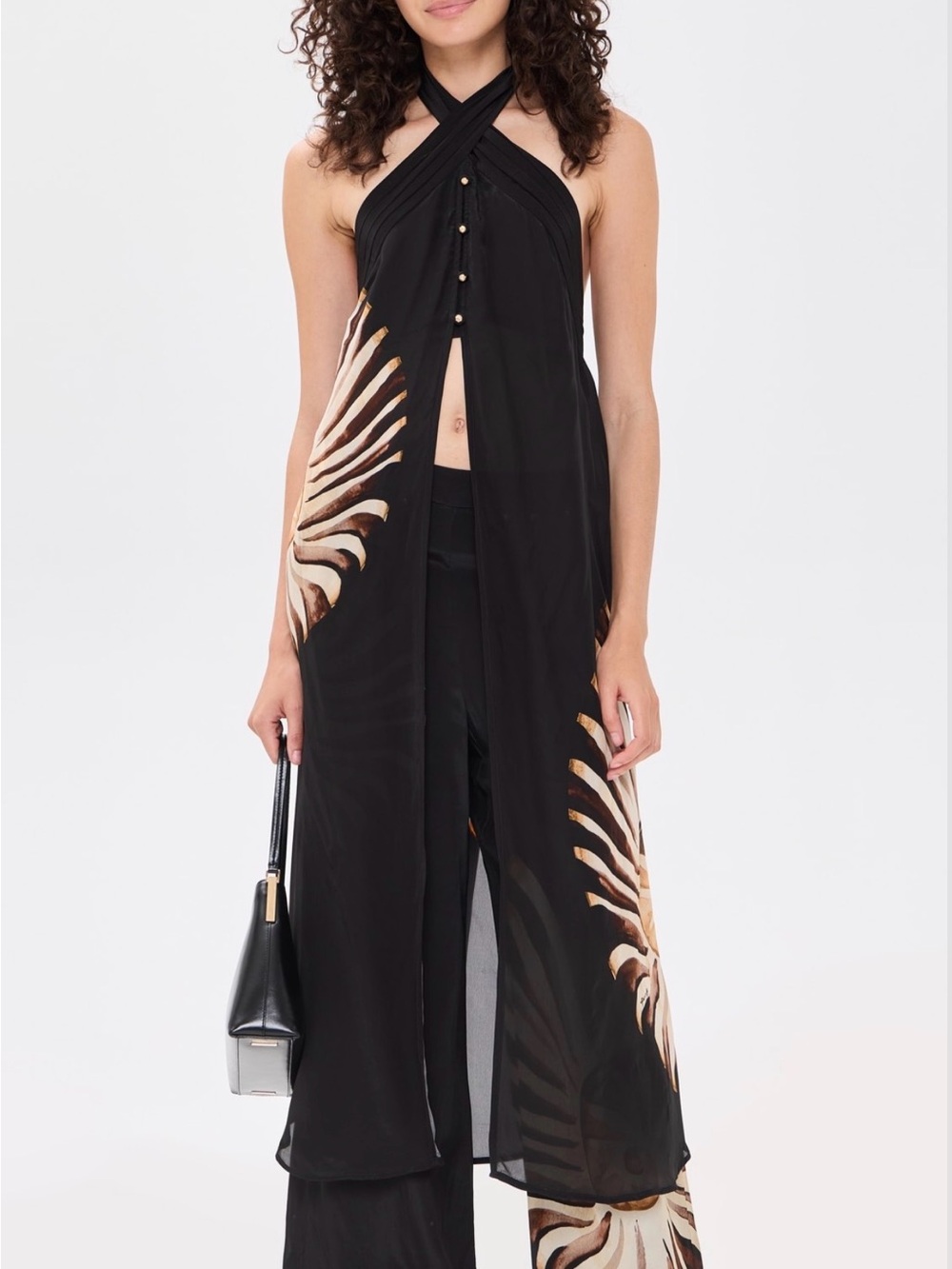 FARM Rio Black Halter Tunic with Beige Palm Print